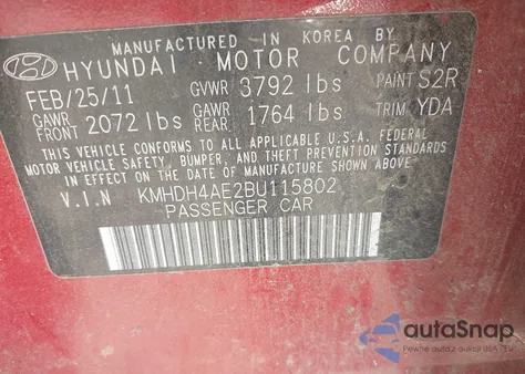 2011 Hyundai Elantra Limited (Ulsan Plant) from USA, damaged, VIN KMHDH4AE2BU115802